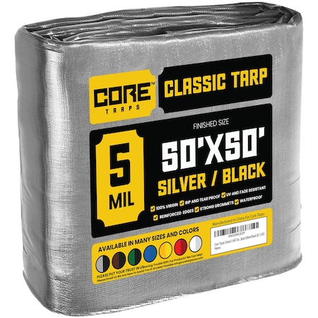 Core Tarps Tarp, 50 ft L x 0.5 mm H x 50 ft W, 5 Mil, Silver/Black, Polyethylene CT-501-50X50